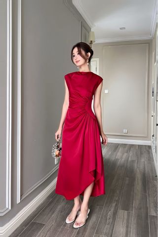  Đầm tay liền cổ đổ nhíu eo xẻ 1 bên Đỏ đô 