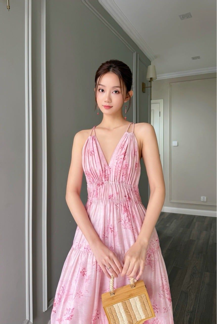  (MỚI) Đầm 2 dây maxi phối nhíu cách điệu Hoa hồng nhỏ 