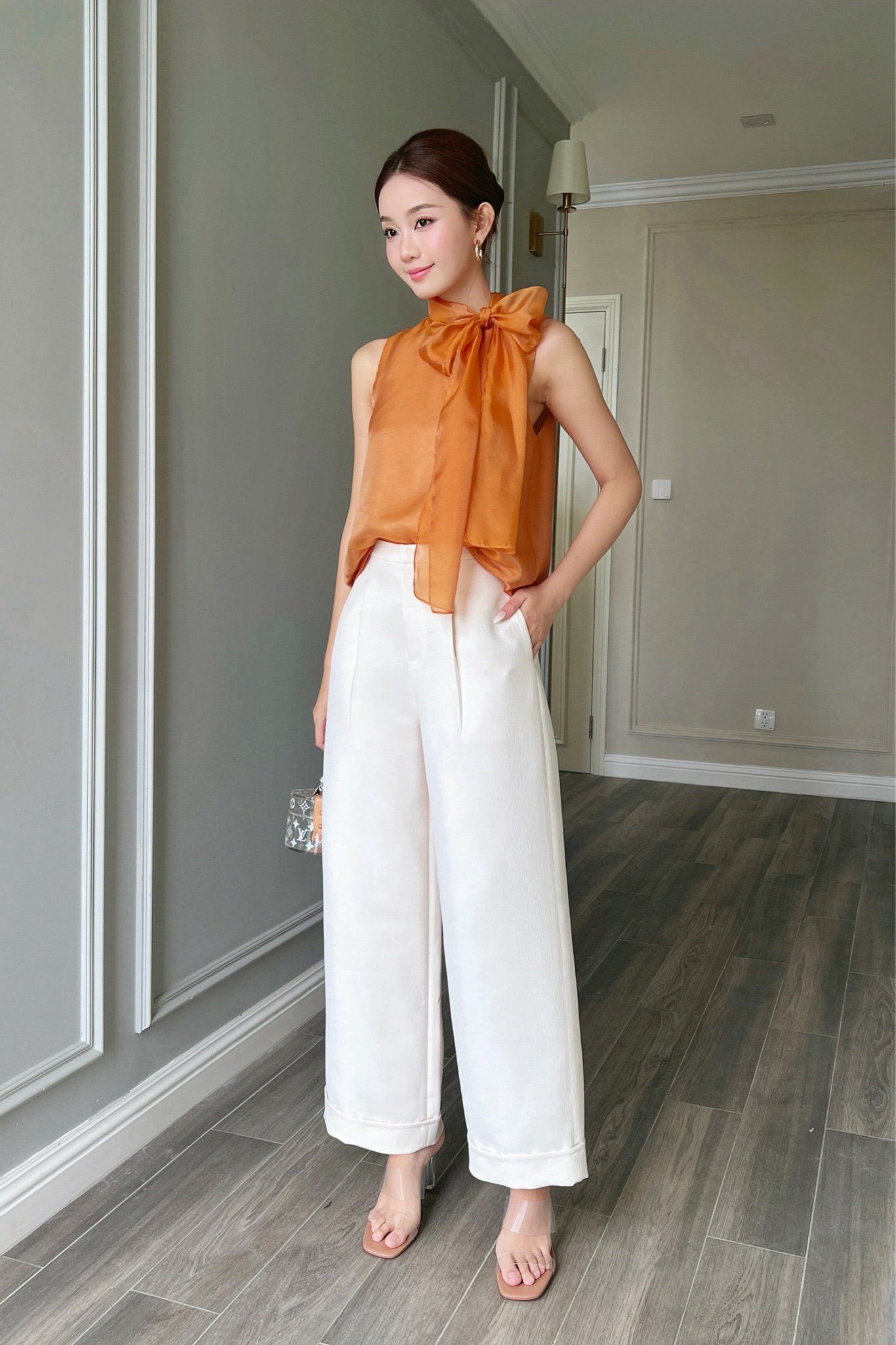  Áo sát nách cổ thắt nơ Cam 