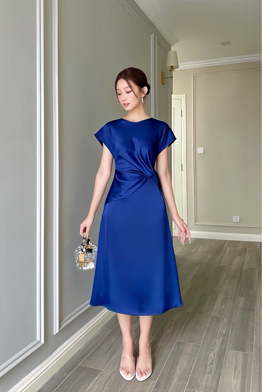  (MỚI) Đầm tay liền xoắn eo Navy 