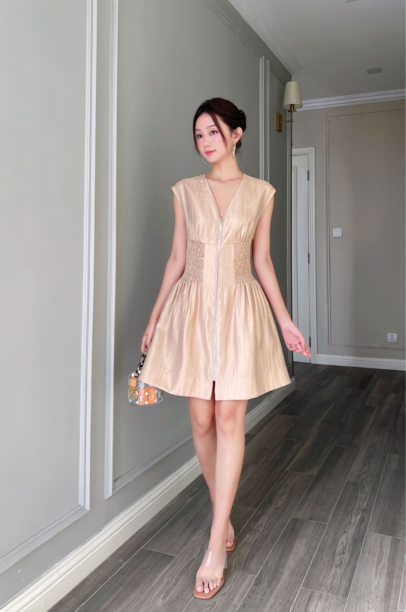  (MỚI) Đầm tay liền eo smocking phối dây kéo đồng 