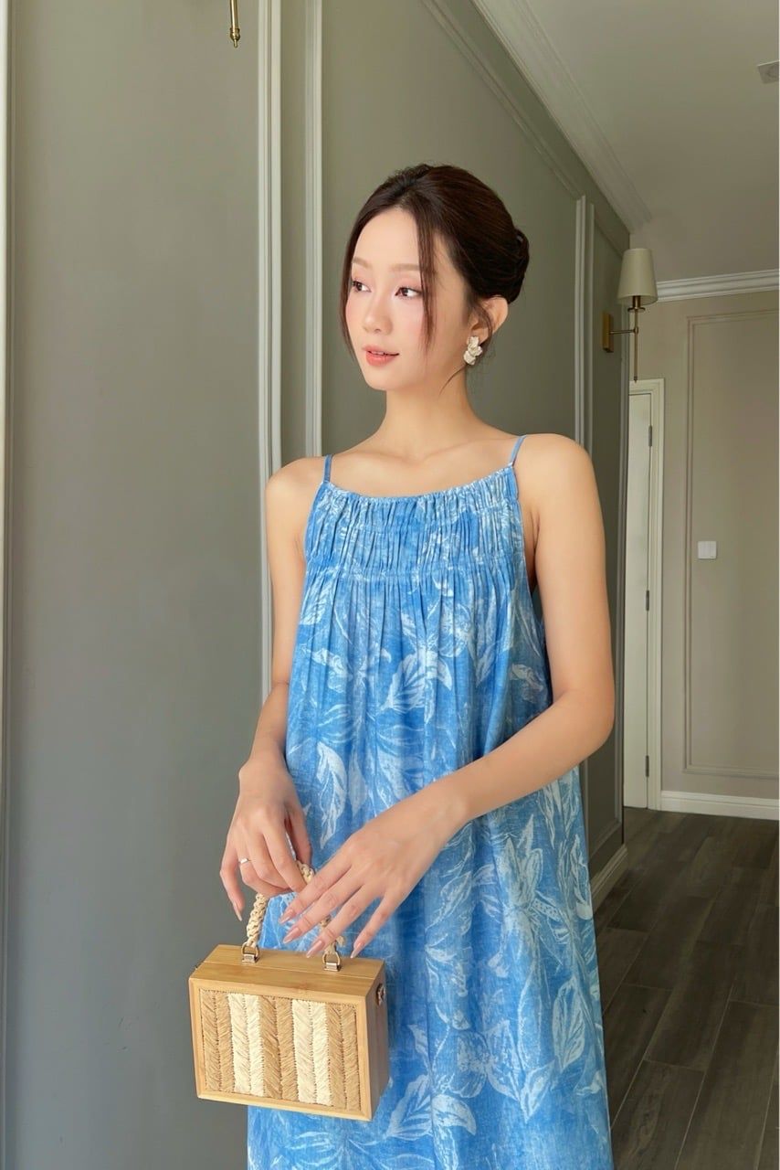  (MỚI) Đầm 2 dây maxi phối nhíu linen hoa xanh 