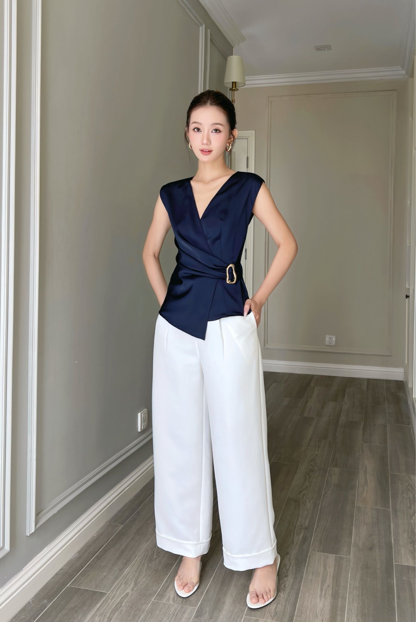  Áo tay liền wrap thắt đai Navy 