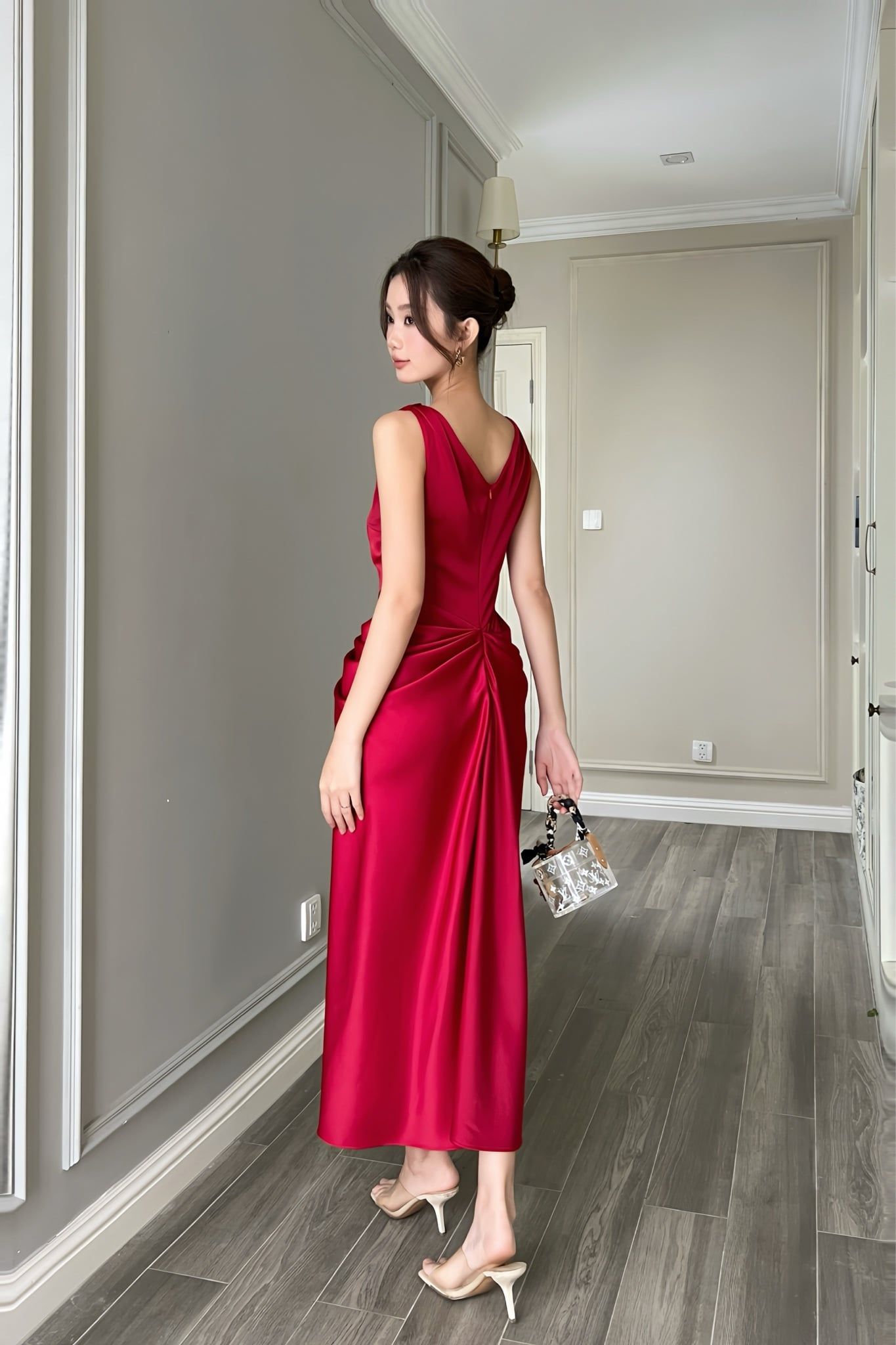  (NEW) Đầm 2 dây xếp ly 2 bên hông Đỏ đô 