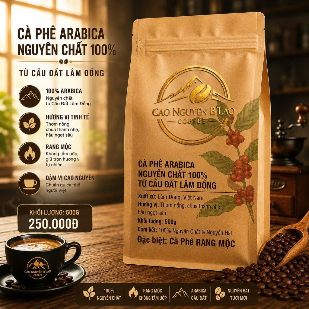  Cà Phê Arabica Nguyên Chất 100% Cao Nguyên B'Lao 500g – Rang Mộc - Cao Nguyên B'lao Coffee 