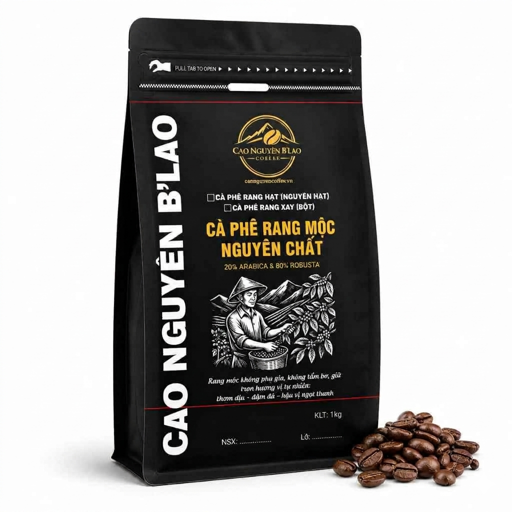  Cà phê Robusta Arabica blend (8:2) rang mộc 1kg - Cao Nguyên B'Lao Coffee 