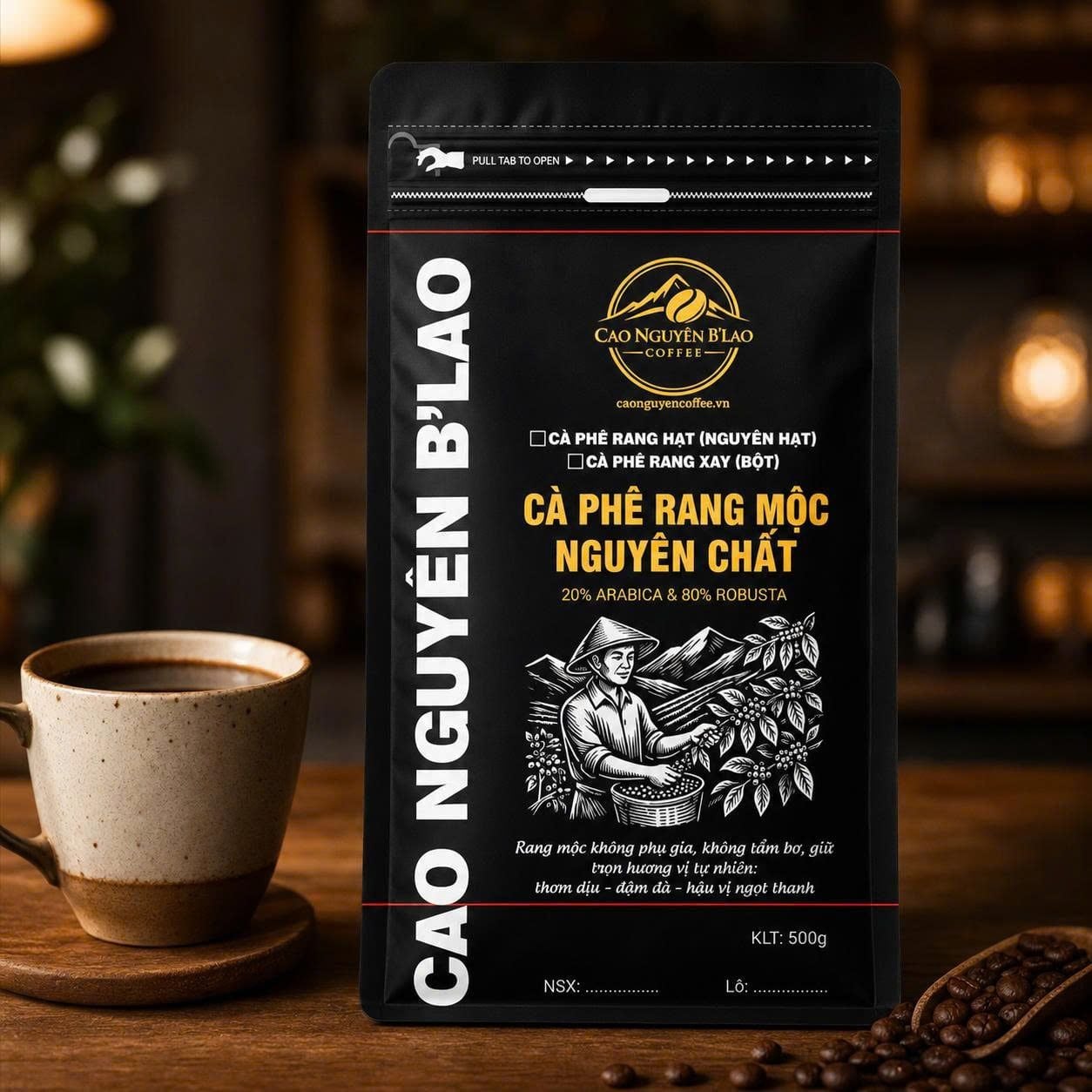  Cà phê Robusta Arabica blend (8:2) rang mộc 500g - Cao Nguyên B'Lao Coffee 