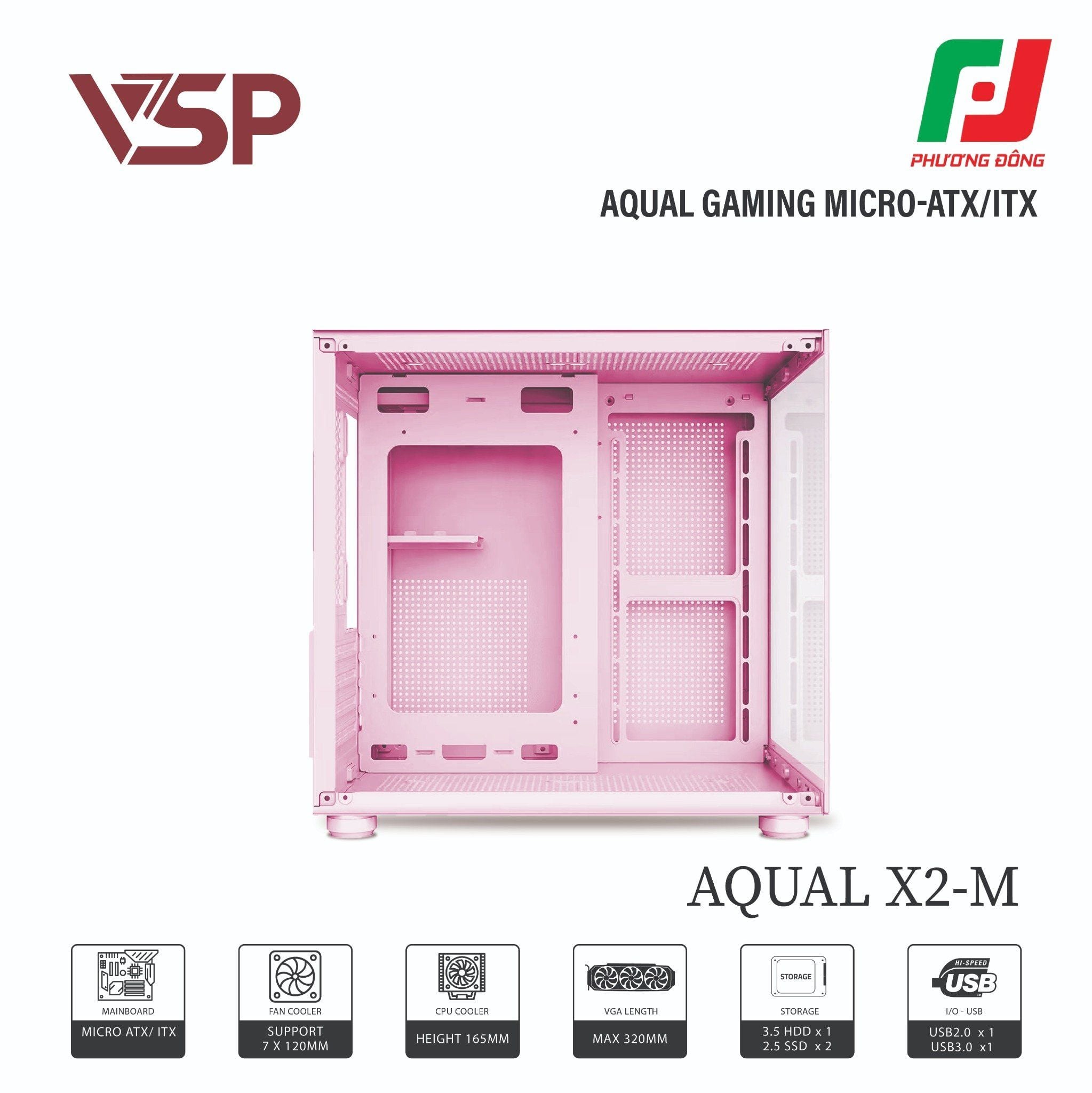  VỎ CASE MÁY TÍNH AQUAL X2-M TRẮNG/ĐEN/HỒNG 