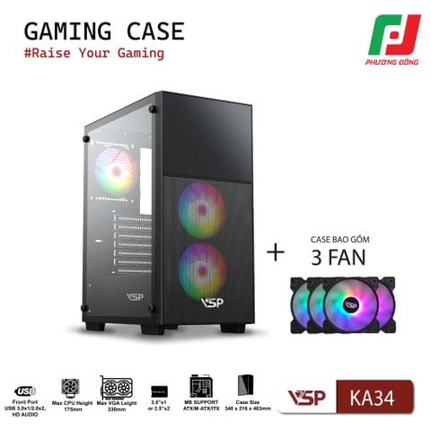  VỎ CASE MÁY TÍNH GAMING KA34 + KÈM 3 FAN 