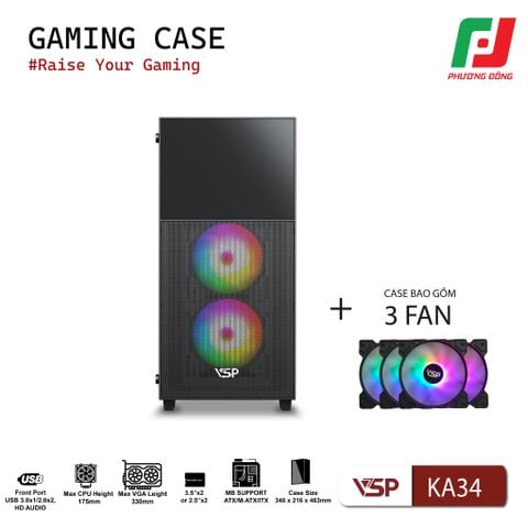  VỎ CASE MÁY TÍNH GAMING KA34 + KÈM 3 FAN 