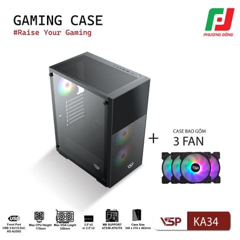  VỎ CASE MÁY TÍNH GAMING KA34 + KÈM 3 FAN 
