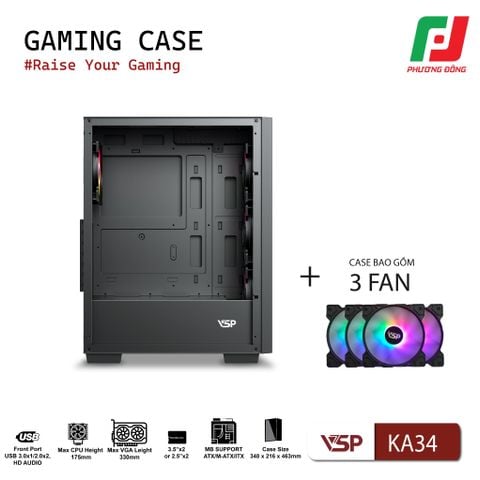  VỎ CASE MÁY TÍNH GAMING KA34 + KÈM 3 FAN 