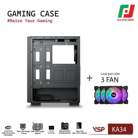  VỎ CASE MÁY TÍNH GAMING KA34 + KÈM 3 FAN 