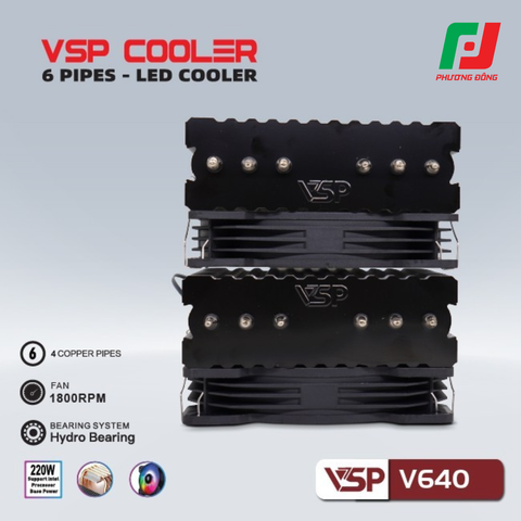  Tản Nhiệt Khí CPU VSP V640 (6 Ống Đồng / 220W / Socket Đa Năng / LED RGB) 