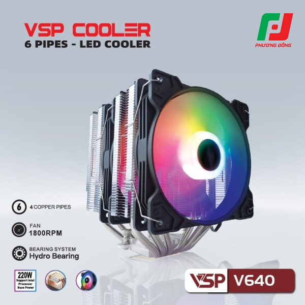 Tản Nhiệt Khí CPU VSP V640 (6 Ống Đồng / 220W / Socket Đa Năng / LED RGB) 