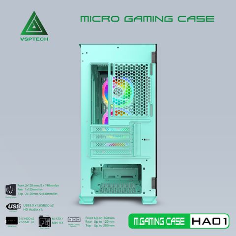  VỎ CASE MÁY TÍNH VSPTECH GAMING HA01 - XANH 