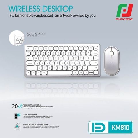  Bộ Phím Chuột Không Dây FD KM810 – 2.4Ghz, 1600 DPI, Đa màu sắc, Nhôm CNC 