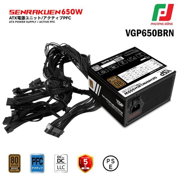  BỘ NGUỒN MÁY TÍNH VSP SENRAKUEN VGP650BRN (650W/ 80 PLUS BROZE/ FULL RANGE/ TỤ NHẬT) 