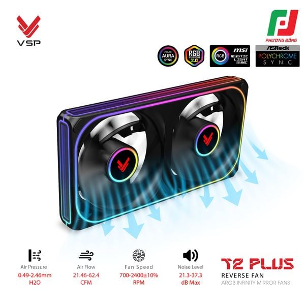  QUẠT TẢN NHIỆT VSP T2 PLUS REVERSE FAN ĐEN/TRẮNG (ARGB INFINITY MIRROR/ FAN ĐÔI CÁNH NGƯỢC) 