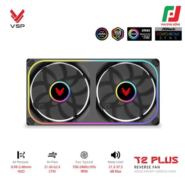  QUẠT TẢN NHIỆT VSP T2 PLUS REVERSE FAN ĐEN/TRẮNG (ARGB INFINITY MIRROR/ FAN ĐÔI CÁNH NGƯỢC) 