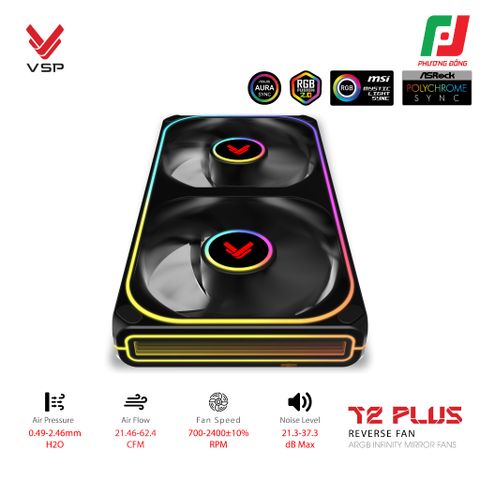  QUẠT TẢN NHIỆT VSP T2 PLUS REVERSE FAN ĐEN/TRẮNG (ARGB INFINITY MIRROR/ FAN ĐÔI CÁNH NGƯỢC) 