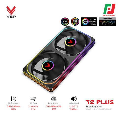 QUẠT TẢN NHIỆT VSP T2 PLUS REVERSE FAN ĐEN/TRẮNG (ARGB INFINITY MIRROR/ FAN ĐÔI CÁNH NGƯỢC) 