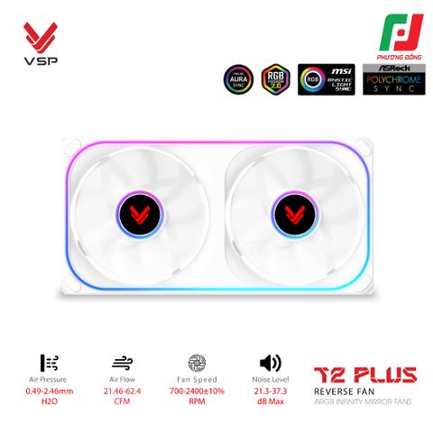  QUẠT TẢN NHIỆT VSP T2 PLUS REVERSE FAN ĐEN/TRẮNG (ARGB INFINITY MIRROR/ FAN ĐÔI CÁNH NGƯỢC) 