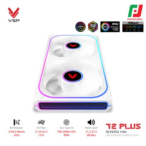  QUẠT TẢN NHIỆT VSP T2 PLUS REVERSE FAN ĐEN/TRẮNG (ARGB INFINITY MIRROR/ FAN ĐÔI CÁNH NGƯỢC) 