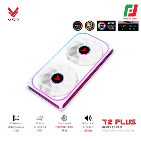 QUẠT TẢN NHIỆT VSP T2 PLUS REVERSE FAN ĐEN/TRẮNG (ARGB INFINITY MIRROR/ FAN ĐÔI CÁNH NGƯỢC) 