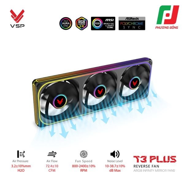  QUẠT TẢN NHIỆT VSP T3 PLUS REVERSE FAN ĐEN/ TRẮNG (ARGB INFINITY MIRROR/ FAN 3 LIỀN KHỐI CÁNH NGƯỢC) 