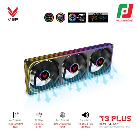  QUẠT TẢN NHIỆT VSP T3 PLUS REVERSE FAN ĐEN/ TRẮNG (ARGB INFINITY MIRROR/ FAN 3 LIỀN KHỐI CÁNH NGƯỢC) 
