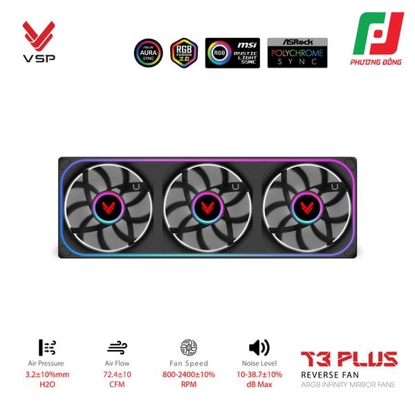  QUẠT TẢN NHIỆT VSP T3 PLUS REVERSE FAN ĐEN/ TRẮNG (ARGB INFINITY MIRROR/ FAN 3 LIỀN KHỐI CÁNH NGƯỢC) 