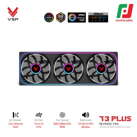  QUẠT TẢN NHIỆT VSP T3 PLUS REVERSE FAN ĐEN/ TRẮNG (ARGB INFINITY MIRROR/ FAN 3 LIỀN KHỐI CÁNH NGƯỢC) 
