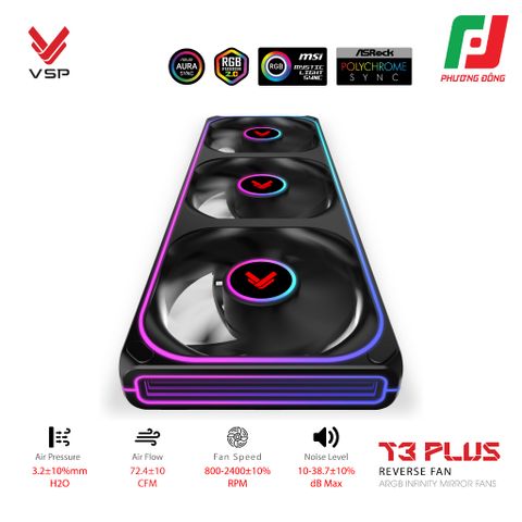  QUẠT TẢN NHIỆT VSP T3 PLUS REVERSE FAN ĐEN/ TRẮNG (ARGB INFINITY MIRROR/ FAN 3 LIỀN KHỐI CÁNH NGƯỢC) 