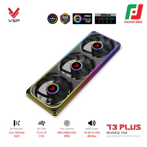  QUẠT TẢN NHIỆT VSP T3 PLUS REVERSE FAN ĐEN/ TRẮNG (ARGB INFINITY MIRROR/ FAN 3 LIỀN KHỐI CÁNH NGƯỢC) 