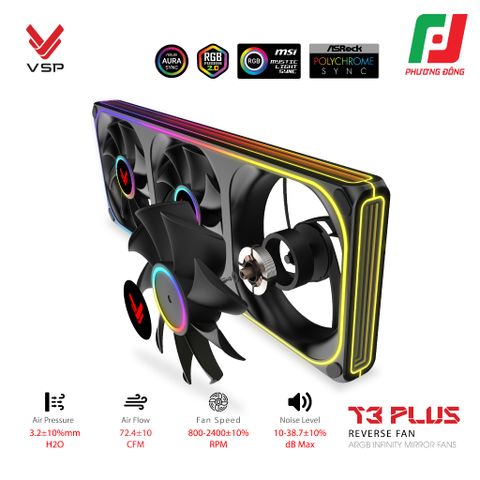  QUẠT TẢN NHIỆT VSP T3 PLUS REVERSE FAN ĐEN/ TRẮNG (ARGB INFINITY MIRROR/ FAN 3 LIỀN KHỐI CÁNH NGƯỢC) 