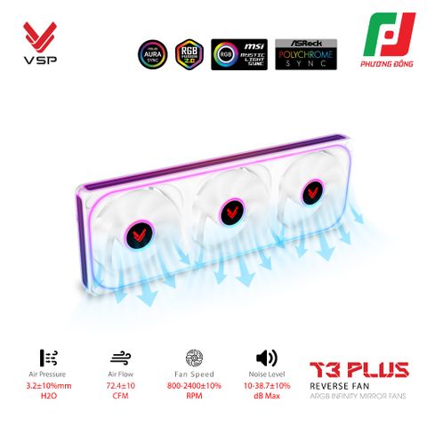  QUẠT TẢN NHIỆT VSP T3 PLUS REVERSE FAN ĐEN/ TRẮNG (ARGB INFINITY MIRROR/ FAN 3 LIỀN KHỐI CÁNH NGƯỢC) 