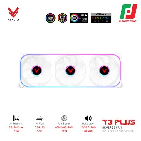  QUẠT TẢN NHIỆT VSP T3 PLUS REVERSE FAN ĐEN/ TRẮNG (ARGB INFINITY MIRROR/ FAN 3 LIỀN KHỐI CÁNH NGƯỢC) 