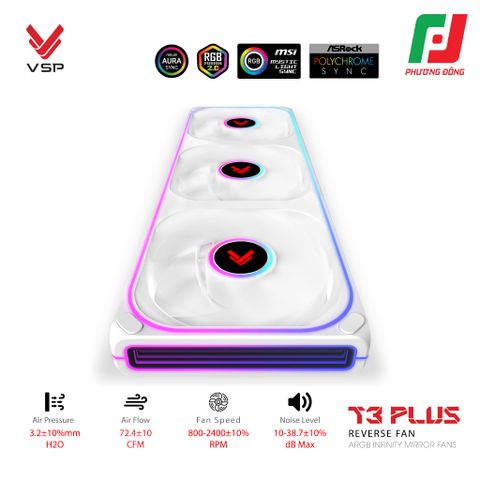  QUẠT TẢN NHIỆT VSP T3 PLUS REVERSE FAN ĐEN/ TRẮNG (ARGB INFINITY MIRROR/ FAN 3 LIỀN KHỐI CÁNH NGƯỢC) 