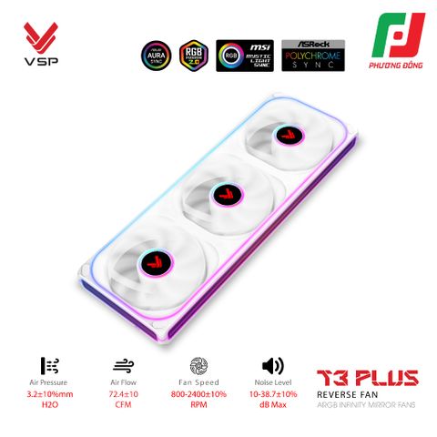  QUẠT TẢN NHIỆT VSP T3 PLUS REVERSE FAN ĐEN/ TRẮNG (ARGB INFINITY MIRROR/ FAN 3 LIỀN KHỐI CÁNH NGƯỢC) 