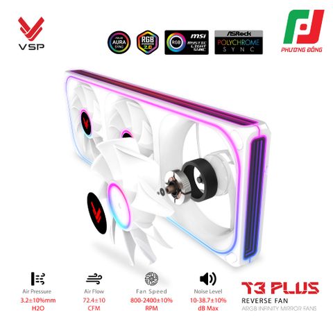  QUẠT TẢN NHIỆT VSP T3 PLUS REVERSE FAN ĐEN/ TRẮNG (ARGB INFINITY MIRROR/ FAN 3 LIỀN KHỐI CÁNH NGƯỢC) 
