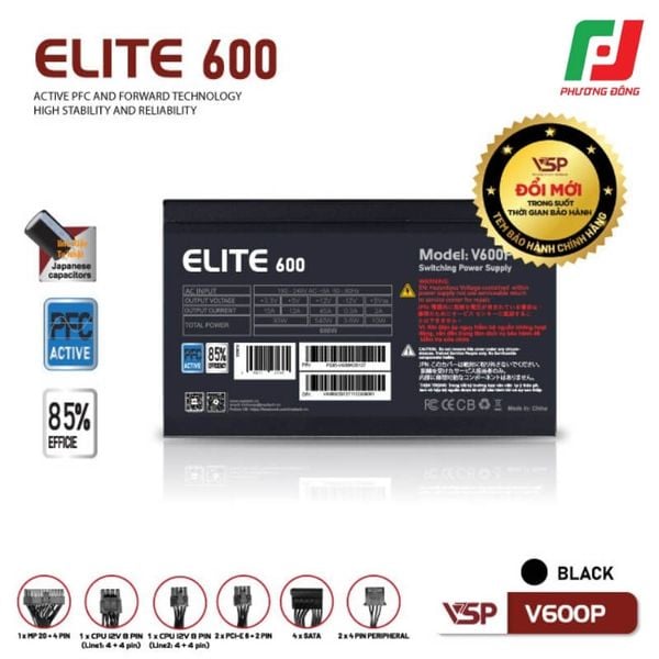  BỘ NGUỒN CÔNG SUẤT THỰC VSP ELITE V600P TRẮNG/ ĐEN 