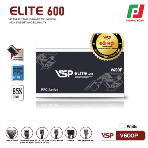  BỘ NGUỒN CÔNG SUẤT THỰC VSP ELITE V600P TRẮNG/ ĐEN 