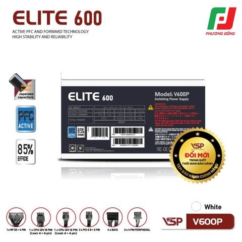  BỘ NGUỒN CÔNG SUẤT THỰC VSP ELITE V600P TRẮNG/ ĐEN 