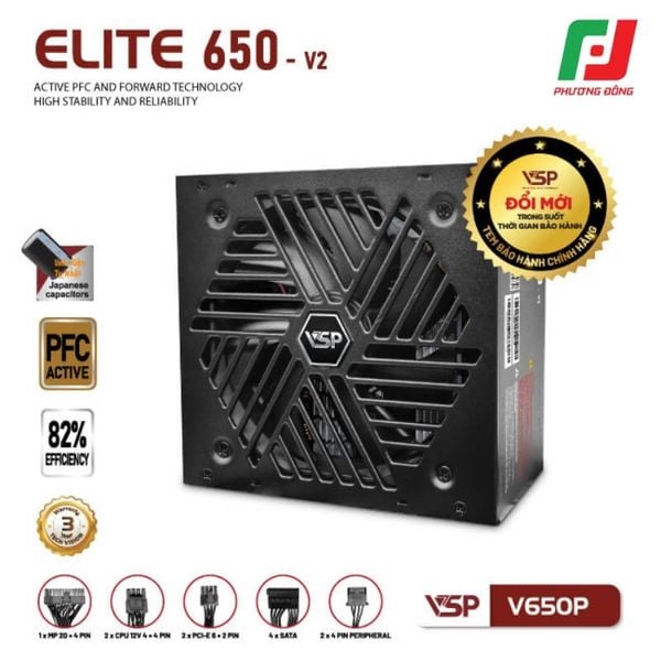  BỘ NGUỒN CÔNG SUẤT THỰC VSP ELITE V650P V2 (ACTIVE PFC/ DÂY LIỀN) 