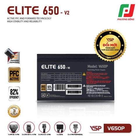  BỘ NGUỒN CÔNG SUẤT THỰC VSP ELITE V650P V2 (ACTIVE PFC/ DÂY LIỀN) 