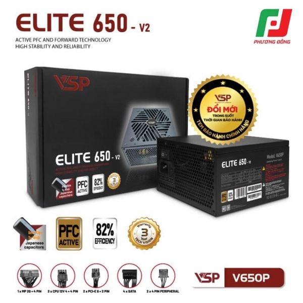  BỘ NGUỒN CÔNG SUẤT THỰC VSP ELITE V650P V2 (ACTIVE PFC/ DÂY LIỀN) 