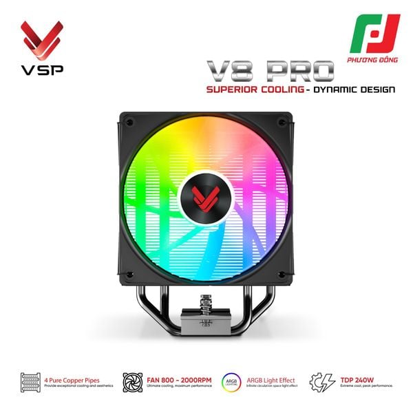  TẢN NHIỆT KHÍ VSP V8 PRO WHITE/ BLACK (LED MONITOR/ ARGB/ 4 PIPES/ 1 FAN/ 240W) 