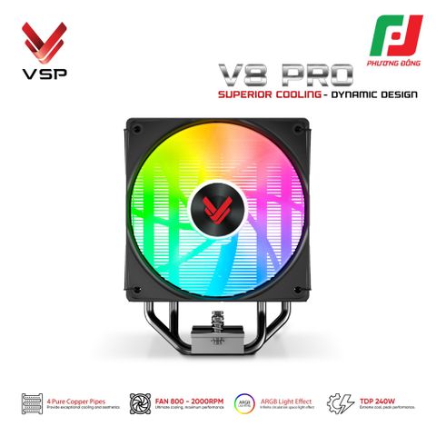  TẢN NHIỆT KHÍ VSP V8 PRO WHITE/ BLACK (LED MONITOR/ ARGB/ 4 PIPES/ 1 FAN/ 240W) 