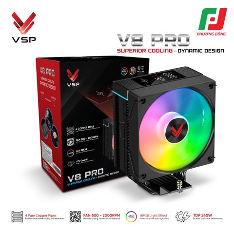  TẢN NHIỆT KHÍ VSP V8 PRO WHITE/ BLACK (LED MONITOR/ ARGB/ 4 PIPES/ 1 FAN/ 240W) 